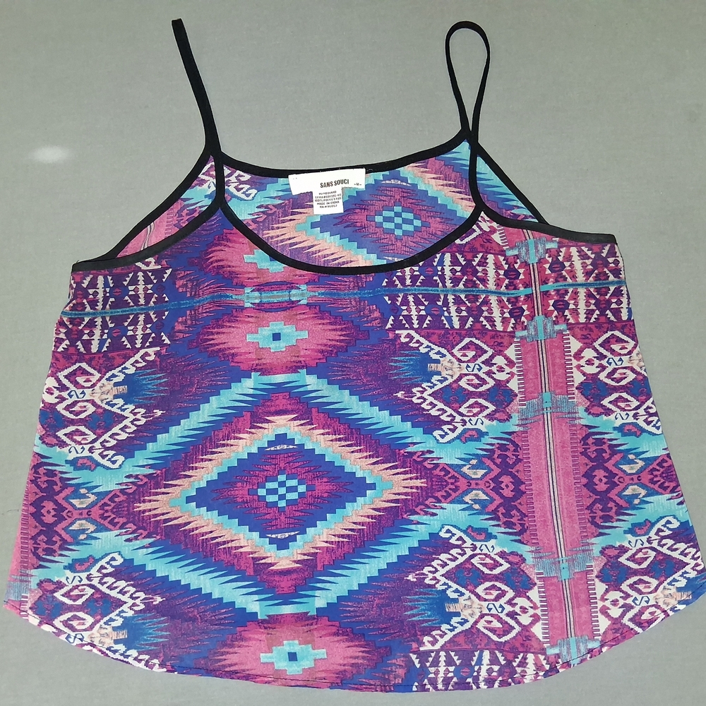 Sans Souci Aztec Print Camisole Medium | Vibrant Pink & Blue Boho Festival Tank